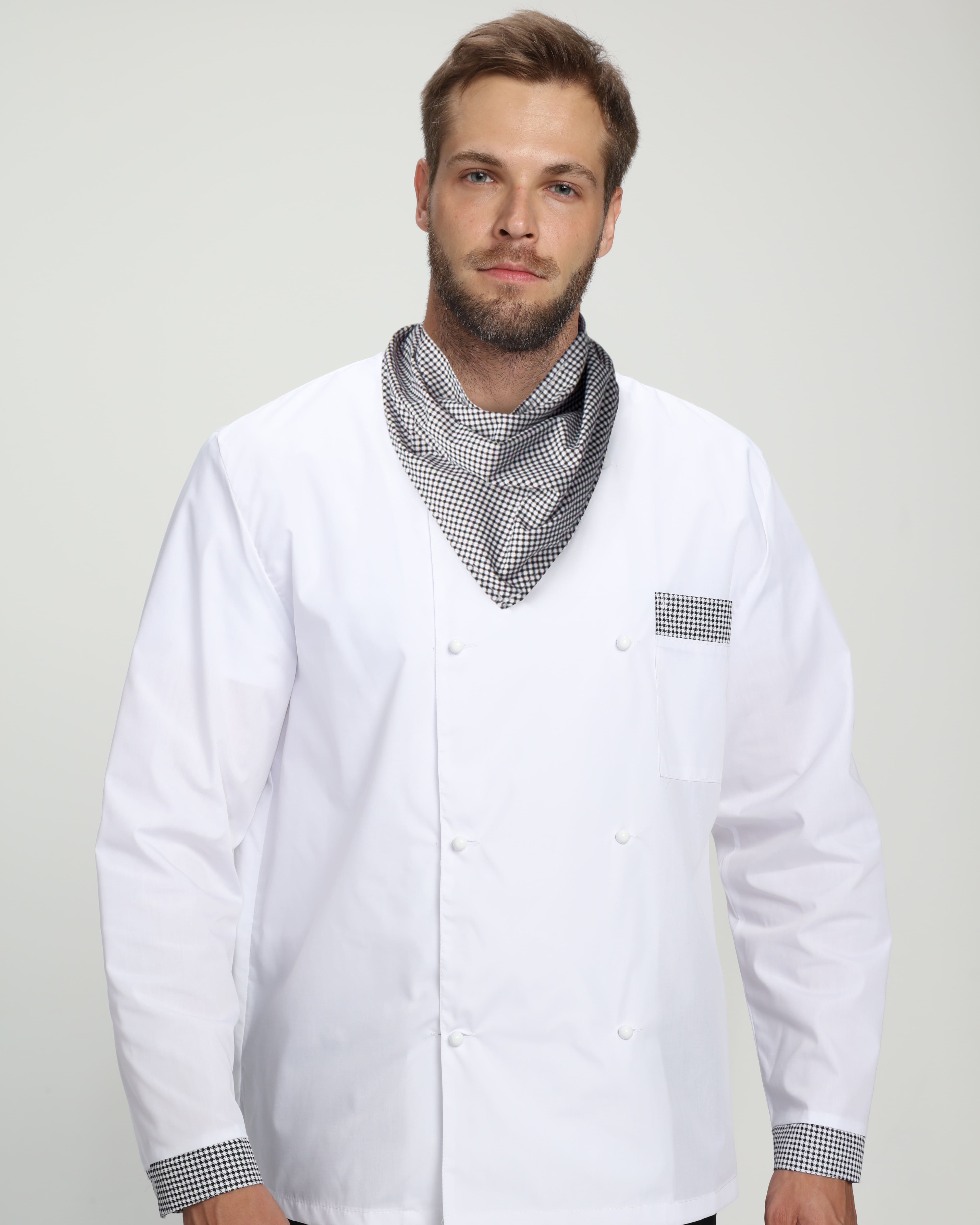 Костюм повара Шеф-2 (тк.ТиСи), белый/черный/принт-клетка