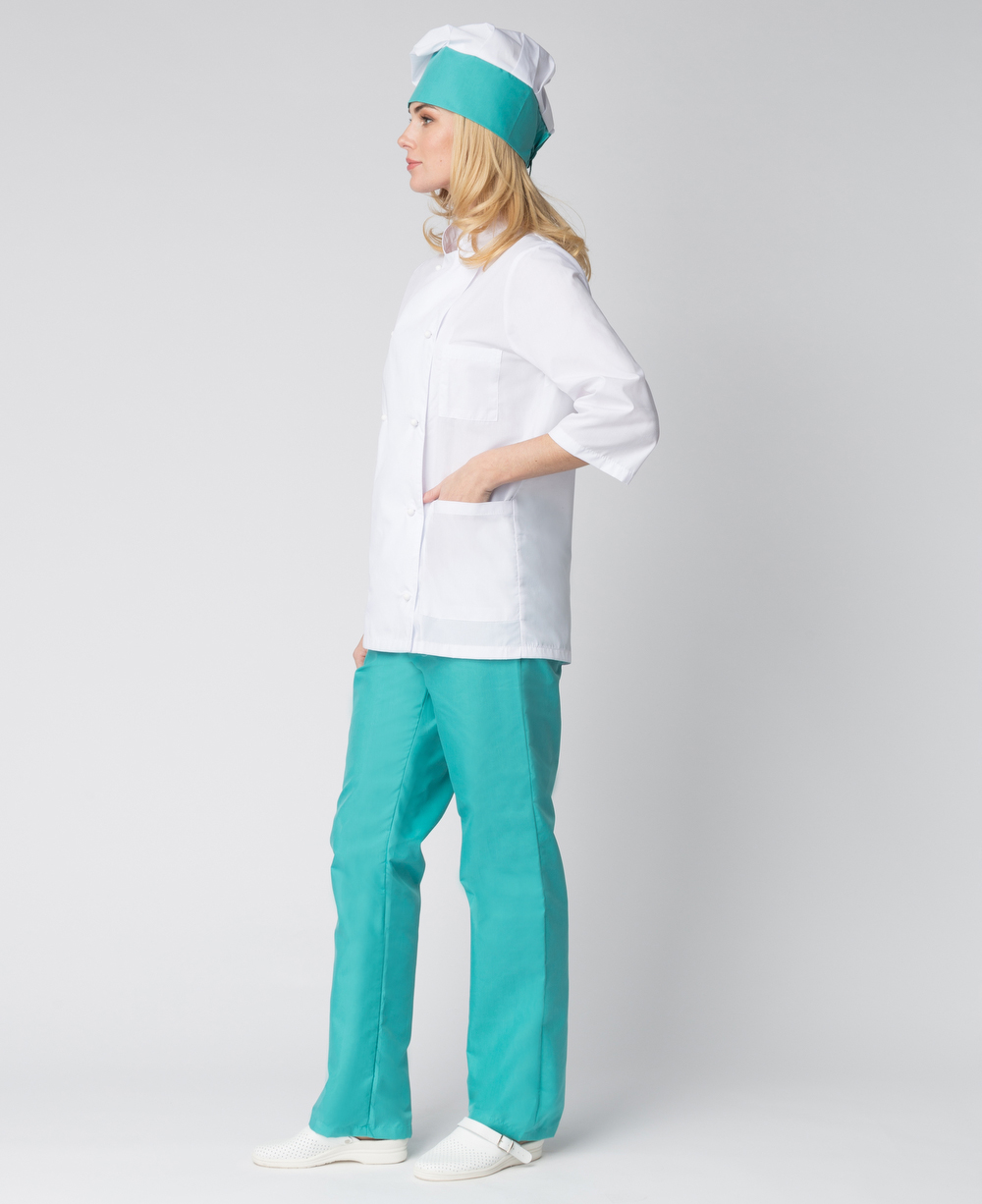 Костюм женский повара Шеф (тк.ТиСи), белый/бирюзовый